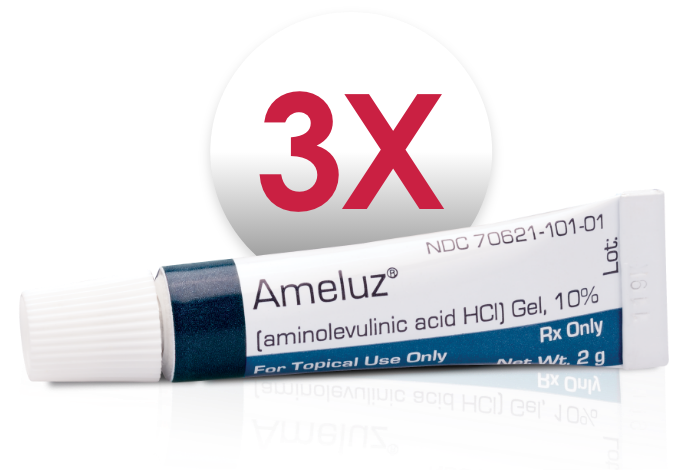 Image of an Ameluz® tube with text reading ‘3X’ above it and ‘Use up to 3 tubes of Ameluz® per treatment to treat up to 60 cm²’ below